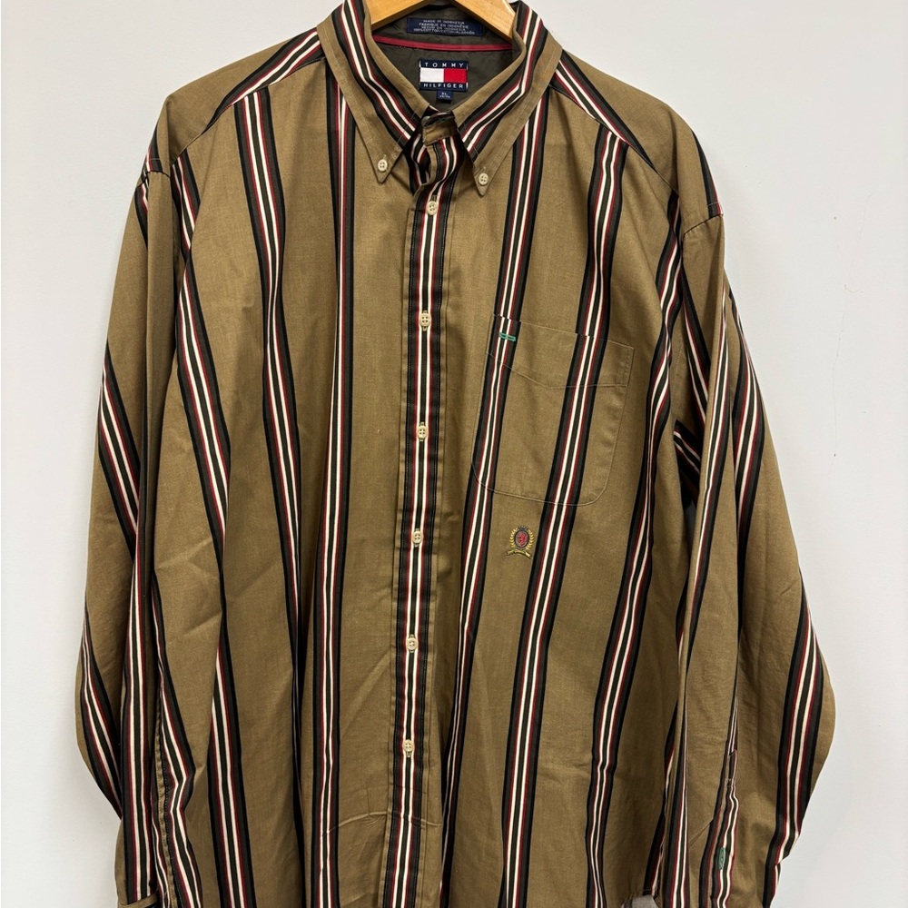 Vintage Tommy Hilfiger Olive Striped Button-Down Shirt